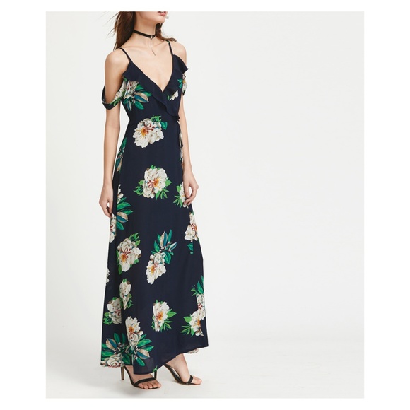 Blue Floral Cold Shoulder Ruffle Wrap Maxi Dress - Picture 3 of 4